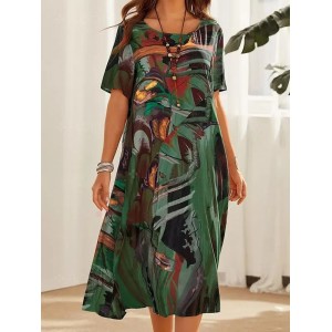 Printed A-Line Loose Round-Neck Midi Dresses