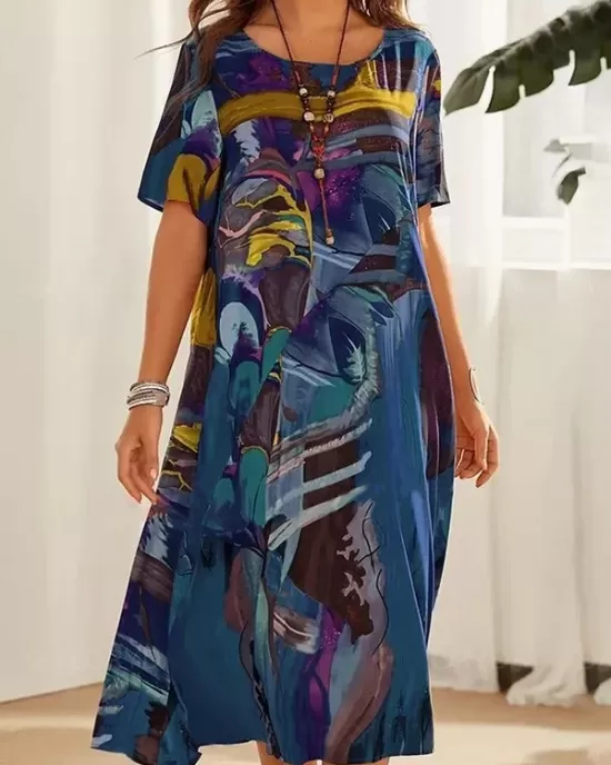 Printed A-Line Loose Round-Neck Midi Dresses