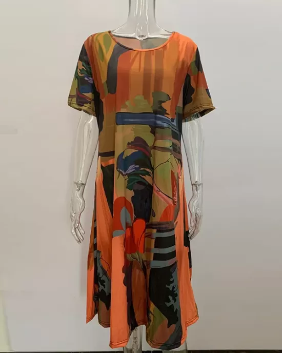 Printed A-Line Loose Round-Neck Midi Dresses