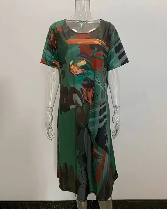 Printed A-Line Loose Round-Neck Midi Dresses