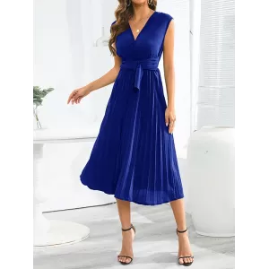 Pleated Solid Color Tied Waist Sleeveless V-Neck Midi Dresses