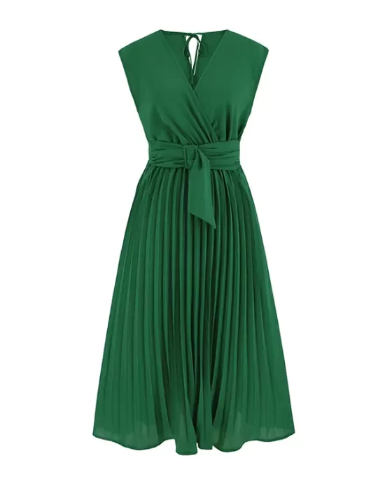 Pleated Solid Color Tied Waist Sleeveless V-Neck Midi Dresses