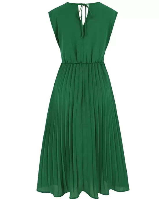 Pleated Solid Color Tied Waist Sleeveless V-Neck Midi Dresses