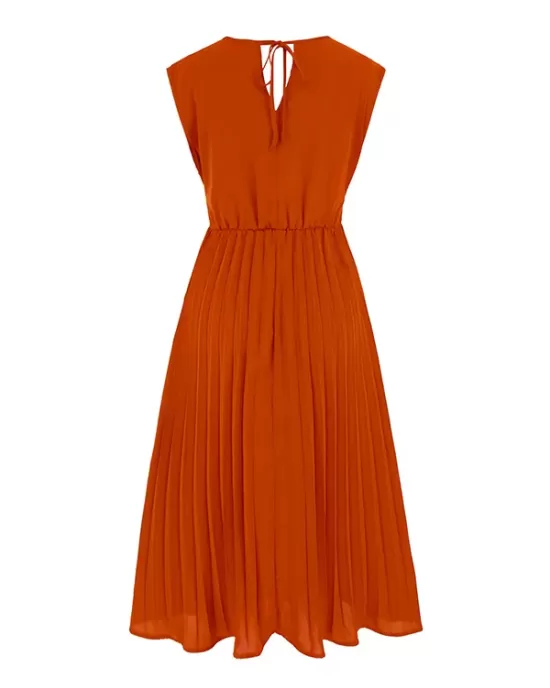 Pleated Solid Color Tied Waist Sleeveless V-Neck Midi Dresses