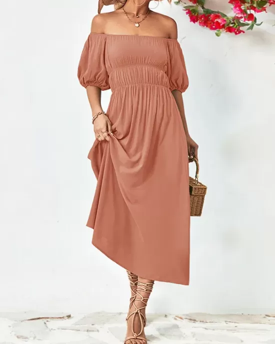 Solid Color Loose Short Sleeves Off-The-Shoulder Midi Dresses