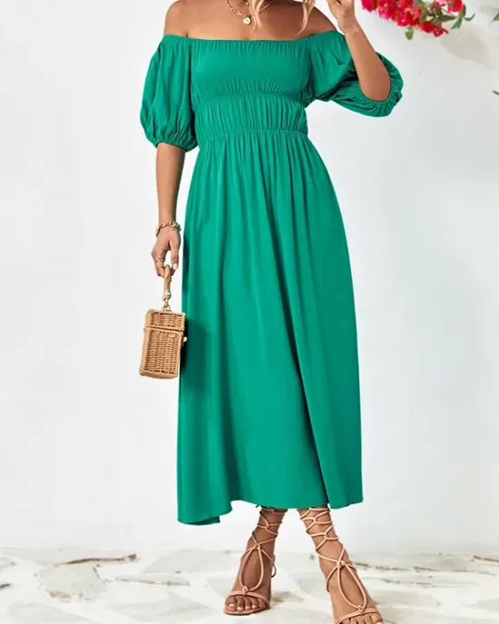 Solid Color Loose Short Sleeves Off-The-Shoulder Midi Dresses