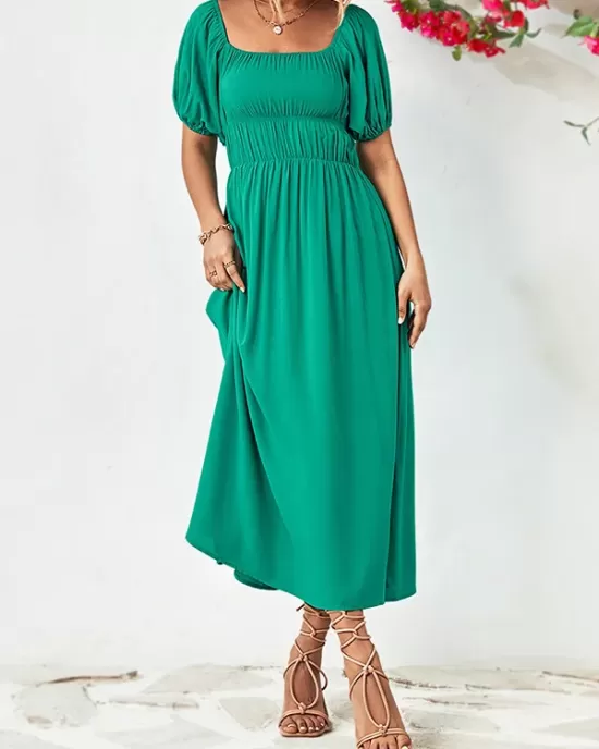 Solid Color Loose Short Sleeves Off-The-Shoulder Midi Dresses