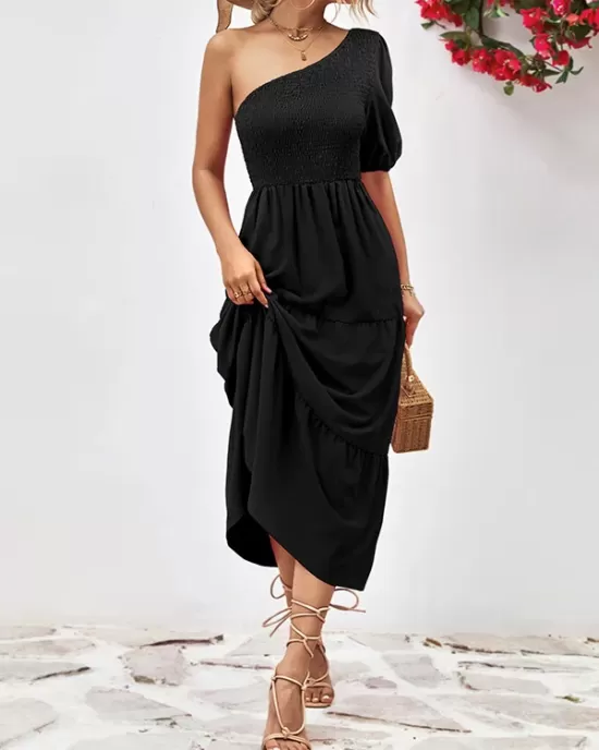 Solid Color Loose Puff Sleeves One-Shoulder Midi Dresses