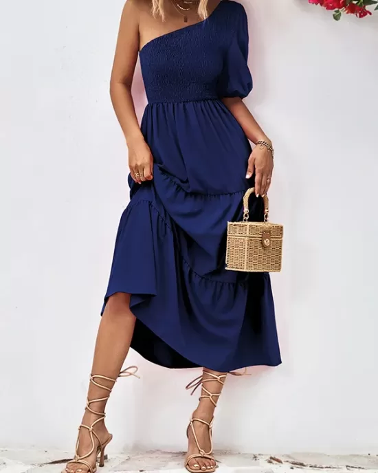 Solid Color Loose Puff Sleeves One-Shoulder Midi Dresses