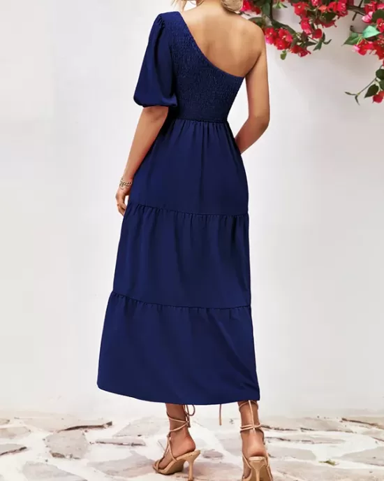 Solid Color Loose Puff Sleeves One-Shoulder Midi Dresses