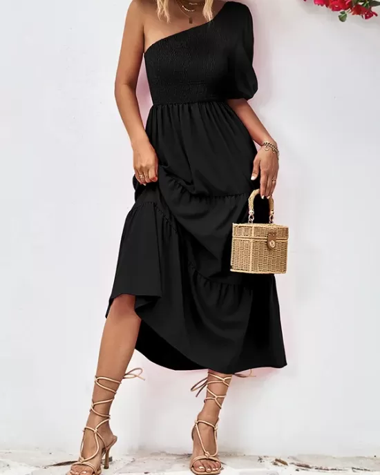 Solid Color Loose Puff Sleeves One-Shoulder Midi Dresses