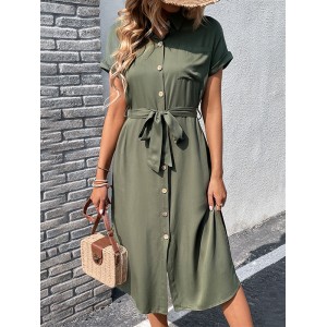 Ribbed Solid Color Loose Short Sleeves Lapel Midi Dresses