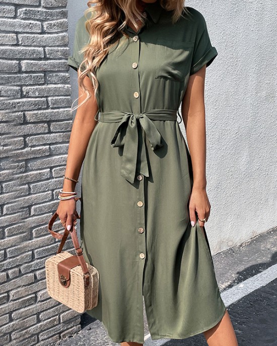 Ribbed Solid Color Loose Short Sleeves Lapel Midi Dresses