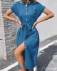 Ribbed Solid Color Loose Short Sleeves Lapel Midi Dresses