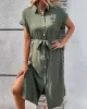 Ribbed Solid Color Loose Short Sleeves Lapel Midi Dresses