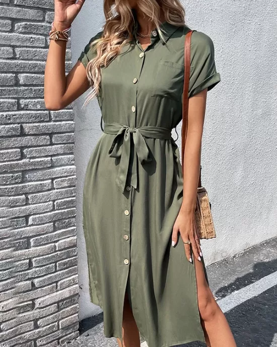 Ribbed Solid Color Loose Short Sleeves Lapel Midi Dresses