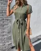 Ribbed Solid Color Loose Short Sleeves Lapel Midi Dresses