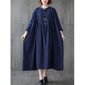 Pleated Solid Color Loose Puff Sleeves Stand Collar Midi Dresses