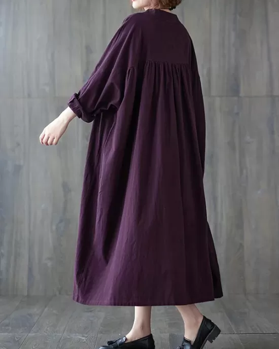 Pleated Solid Color Loose Puff Sleeves Stand Collar Midi Dresses