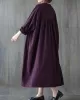 Pleated Solid Color Loose Puff Sleeves Stand Collar Midi Dresses