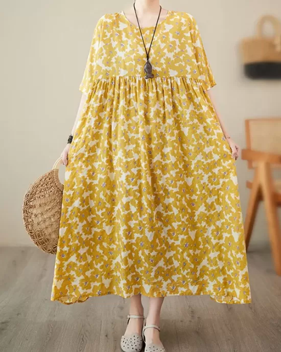 Floral Printed Pleated Split-Joint Loose Raglan Sleeve Round-Neck Midi Dresses