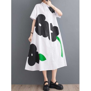 Buttoned Floral Printed Loose Short Sleeves Lapel Collar Midi Dresses