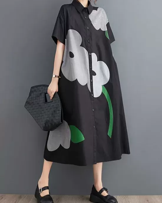 Buttoned Floral Printed Loose Short Sleeves Lapel Collar Midi Dresses