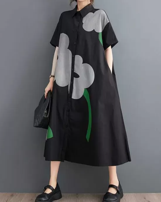 Buttoned Floral Printed Loose Short Sleeves Lapel Collar Midi Dresses