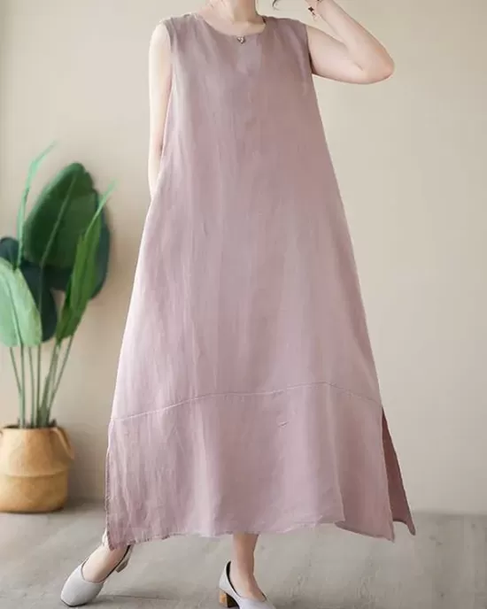 Solid Color A-Line Loose Round-Neck Midi Dresses