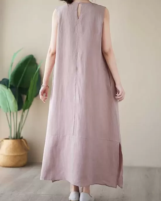 Solid Color A-Line Loose Round-Neck Midi Dresses