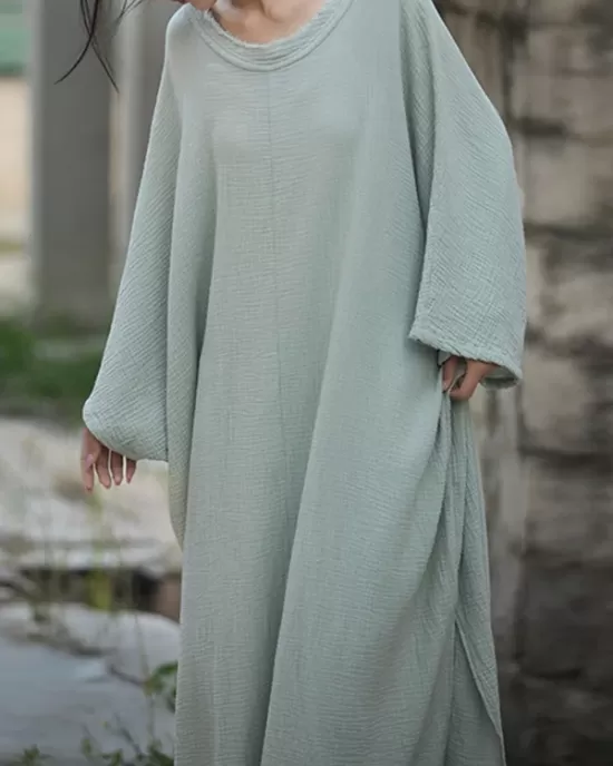 Solid Color Split-Side Batwing Sleeves Long Sleeves Round-Neck Midi Dresses