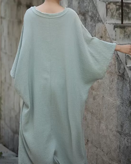 Solid Color Split-Side Batwing Sleeves Long Sleeves Round-Neck Midi Dresses