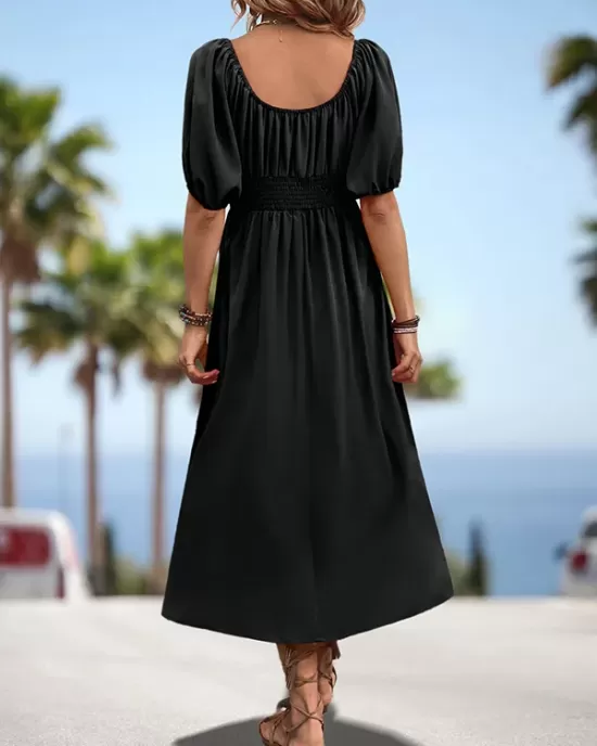 Elasticity Pleated Solid Color Split-Joint A-Line Bishop Sleeve Off-The-Shoulder Midi Dresses