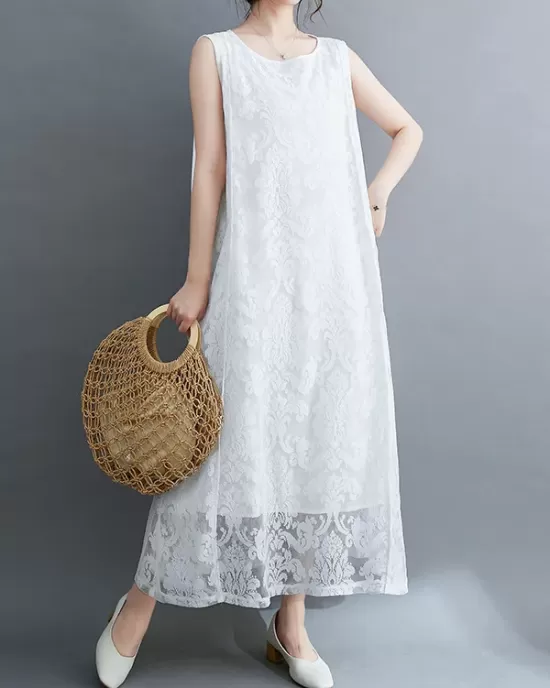 A-Line Loose Lacy See-Through Solid Color Split-Side Round-Neck Midi Dresses