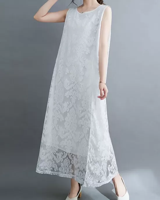 A-Line Loose Lacy See-Through Solid Color Split-Side Round-Neck Midi Dresses