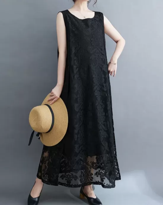 A-Line Loose Lacy See-Through Solid Color Split-Side Round-Neck Midi Dresses