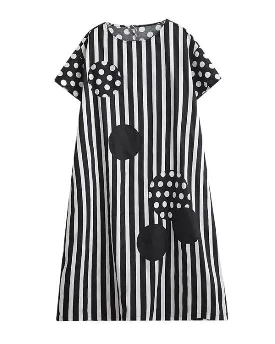 Loose Short Sleeves Polka-Dot Striped Round-Neck Midi Dresses