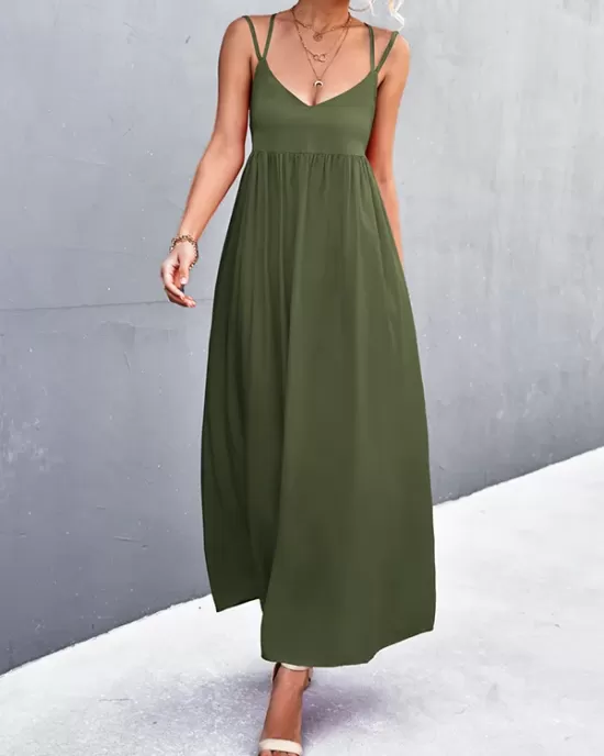 Backless Solid Color Tied A-Line High Waisted Deep V-Neck Slip Dress Midi Dresses