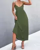 Backless Solid Color Tied A-Line High Waisted Deep V-Neck Slip Dress Midi Dresses