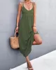 Backless Solid Color Tied A-Line High Waisted Deep V-Neck Slip Dress Midi Dresses