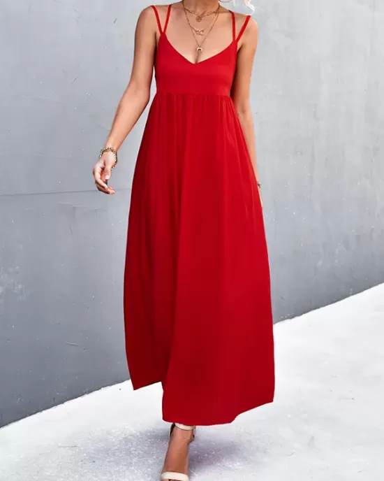 Backless Solid Color Tied A-Line High Waisted Deep V-Neck Slip Dress Midi Dresses