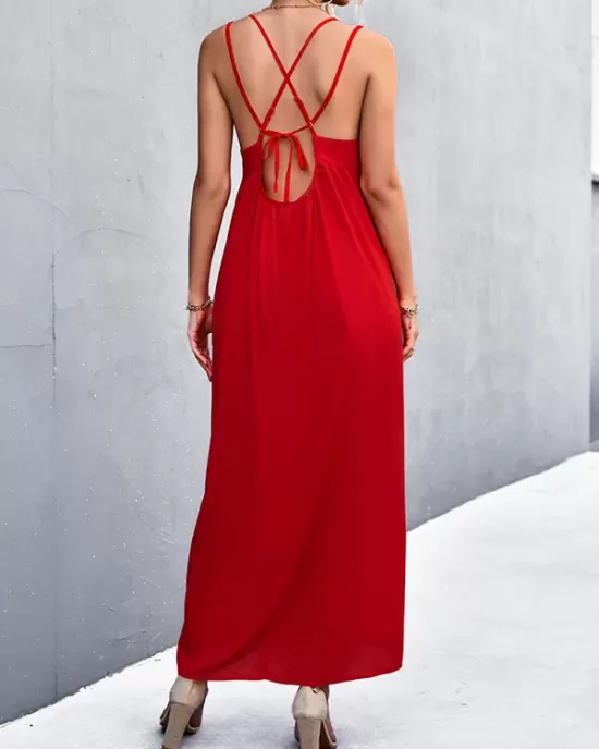 Backless Solid Color Tied A-Line High Waisted Deep V-Neck Slip Dress Midi Dresses