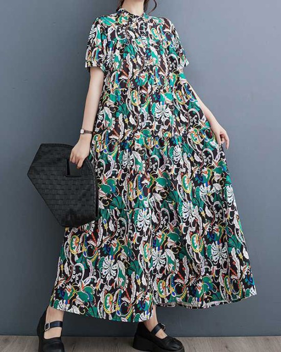 Printed Split-Joint A-Line Loose Stand Collar Midi Dresses