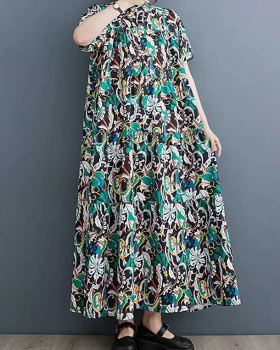 Printed Split-Joint A-Line Loose Stand Collar Midi Dresses