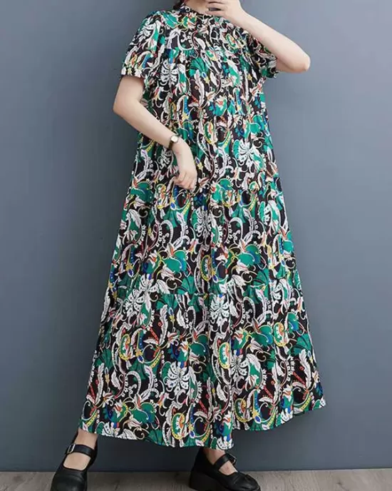 Printed Split-Joint A-Line Loose Stand Collar Midi Dresses