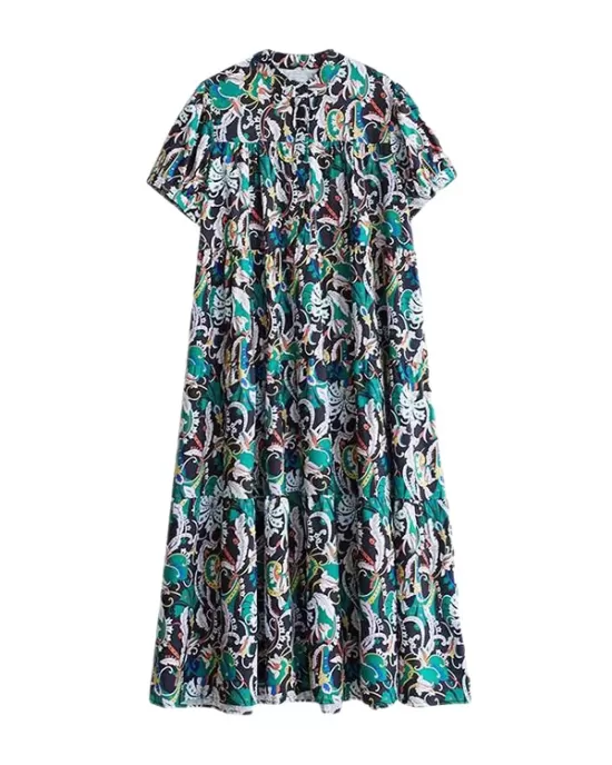 Printed Split-Joint A-Line Loose Stand Collar Midi Dresses