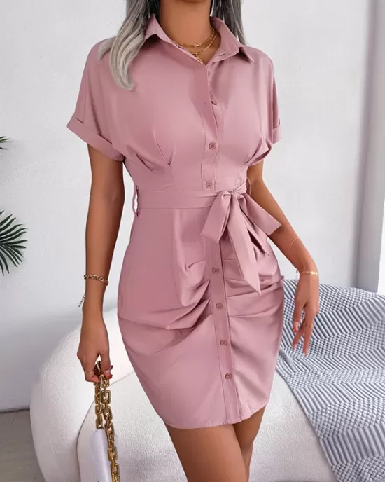 Bandage Pleated Solid Color Short Sleeves Lapel Mini Dresses