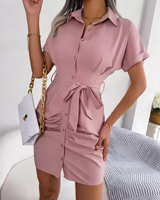 Bandage Pleated Solid Color Short Sleeves Lapel Mini Dresses