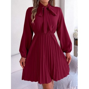 Pleated Solid Color Tied Long Sleeves Loose Mock Neck Mini Dresses