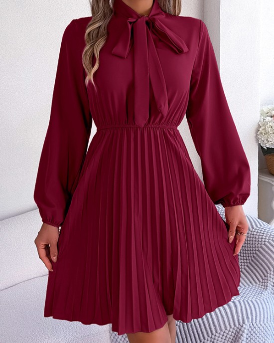 Pleated Solid Color Tied Long Sleeves Loose Mock Neck Mini Dresses